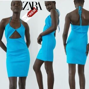Zara blue ribbed cutout halter top bodycon mini dress spring summer party M NWT